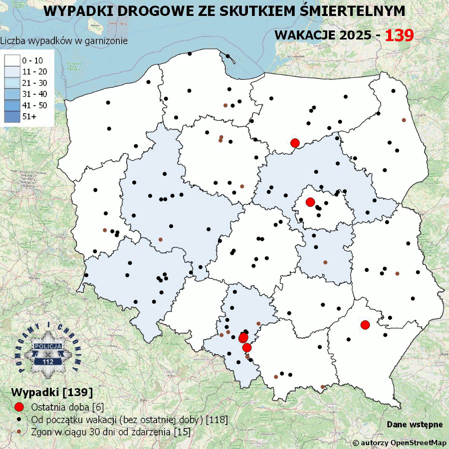 Mapa prezentująca liczbę wypadków poprzedniej doby w Polsce. Prezentowane dane są dostępne w tekście poniżej.